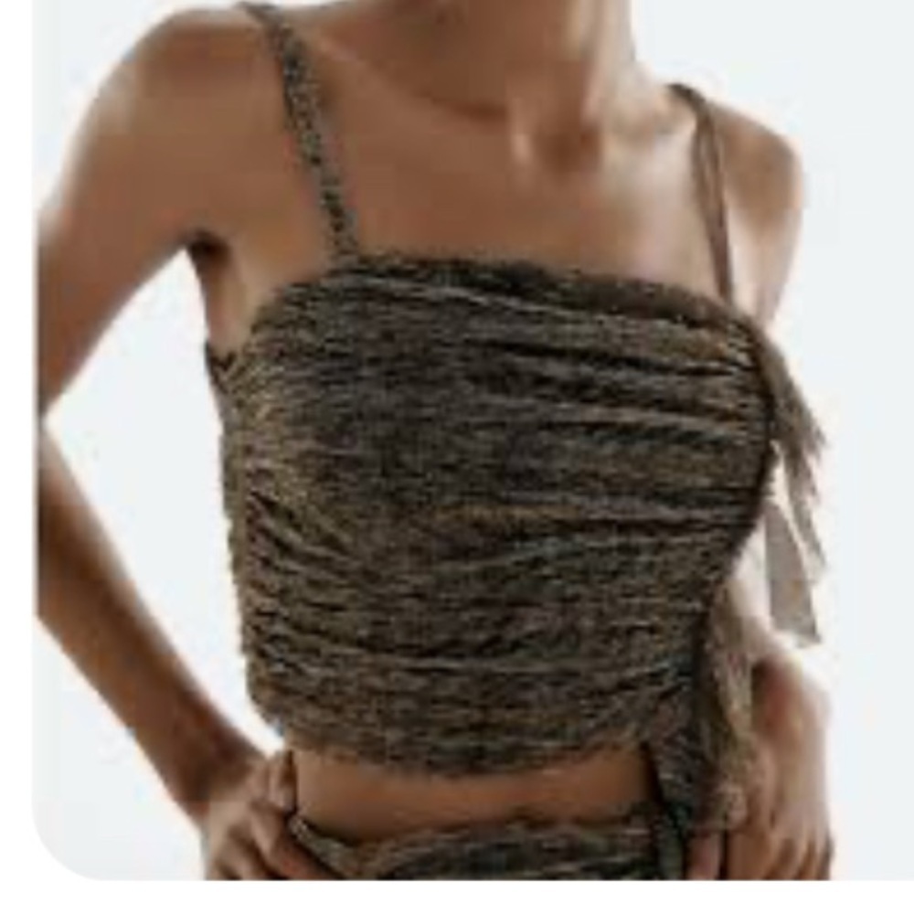 TOP Zara Green Goldish Bronze Ruched Tie Front Sleeveless Ruffle Tank Top - Picture 6 of 14